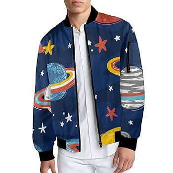TOBTCUSDEE Mens Light Jacket Space Pattern with Planets and